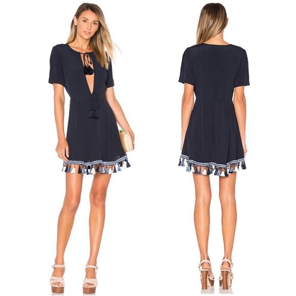 Revolve Tularosa Tallulah Blue Tassel Hem Mini Dress XS Plunge Neckline Boho - Picture 16 of 16